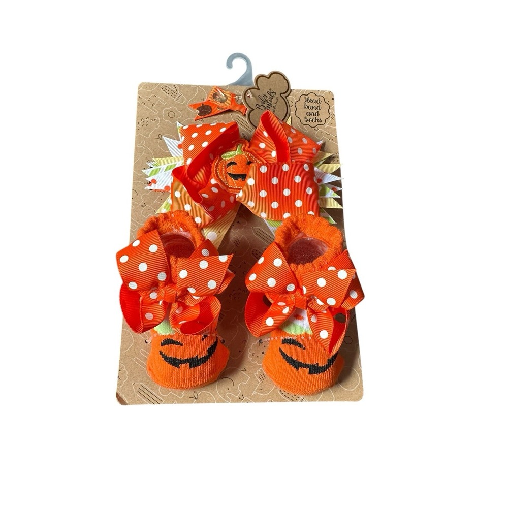 baby‎ essentials halloween girl headband and socks bows pumpkins size 0-6 months